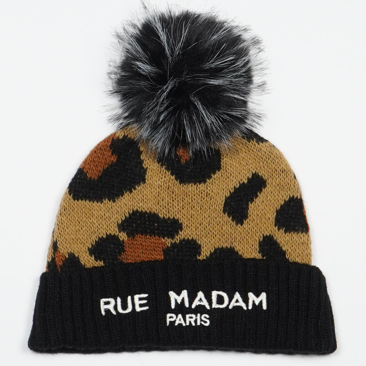 Berretto Rue Madam Paris Leopard Beanie 1601 Leopard in Misto Lana Jacquard Animalier con Risvolto Logo e Pompon in Ecopelliccia
