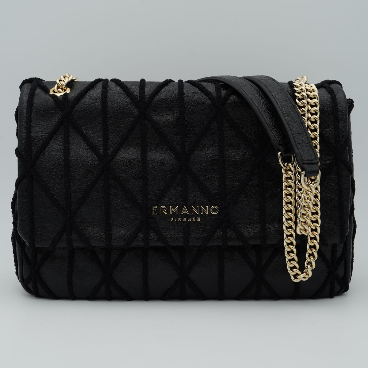 Borsa Ermanno Firenze by Ermanno Scervino Belen Flap Bag 12402280 Nera con Patta, Trama Geometrica e Catena Dorata