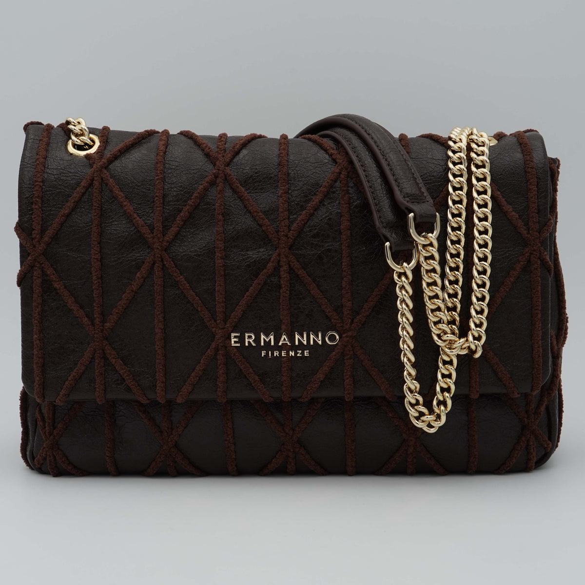 Borsa Ermanno Firenze by Ermanno Scervino Belen Flap Bag 12402280 Marrone Scuro con Patta, Trama Geometrica e Catena Dorata