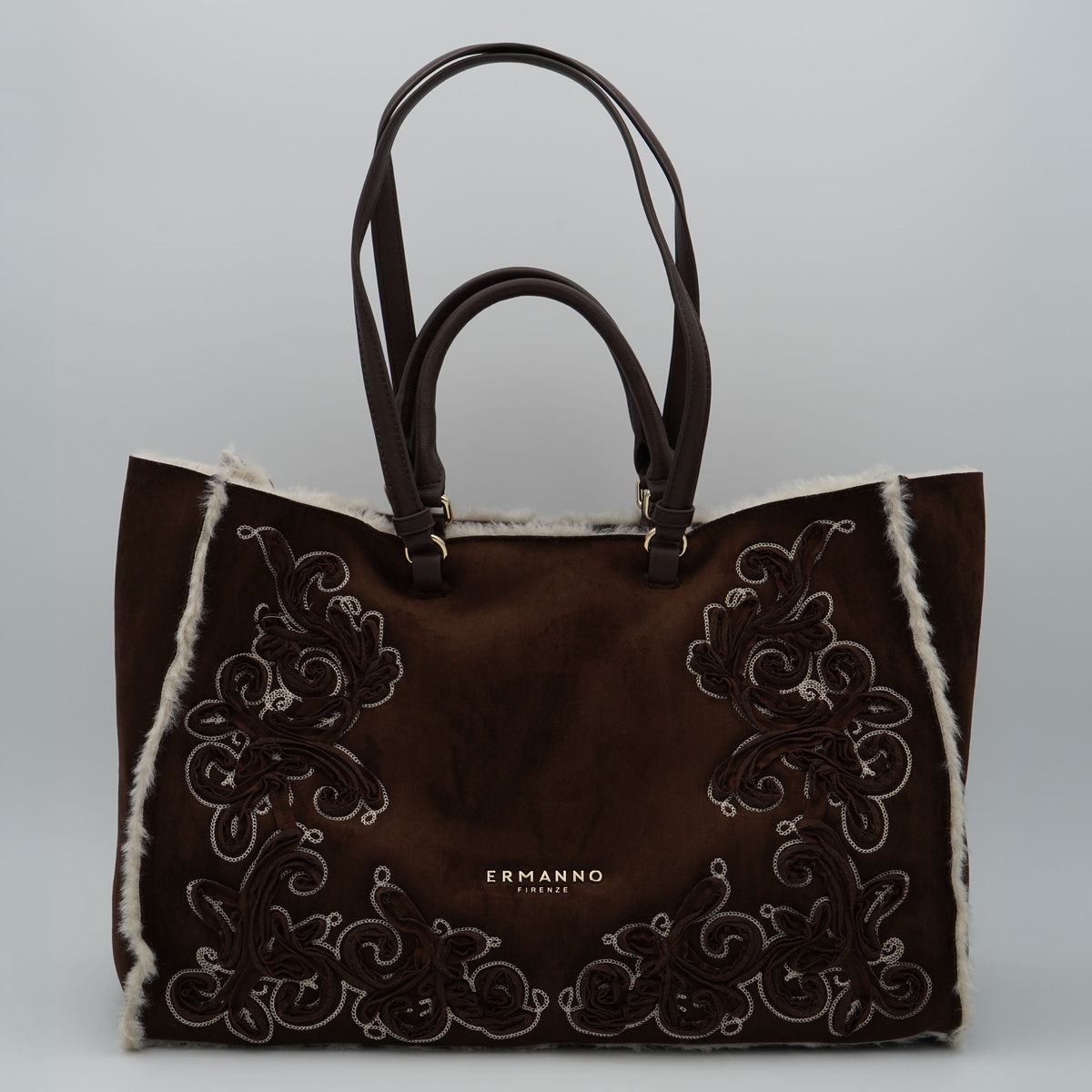 Borsa Ermanno Firenze by Ermanno Scervino Large Tote Barbara Shirling 12402297 Marrone Scuro con Ricami Cornely, Profili Faux Fur e Doppi Manici