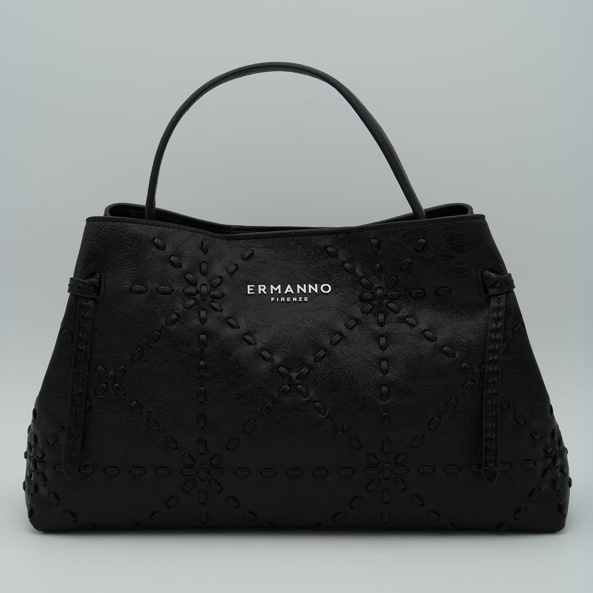 Borsa Ermanno Firenze by Ermanno Scervino Large Tote Brie 12402240 Nera con Ricamo Floreale Tono su Tono, Doppio Manico e Logo