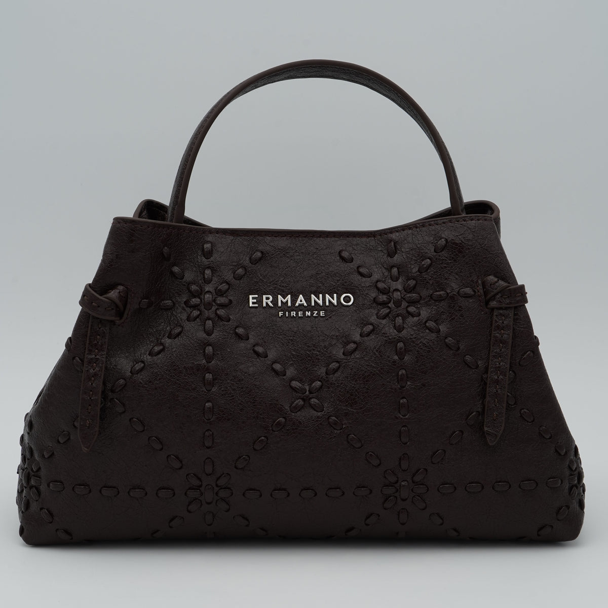 Borsa Ermanno Firenze by Ermanno Scervino brie Medium Tote 12402241 Marrone Scuro con Ricami Floreali Logo Metallico