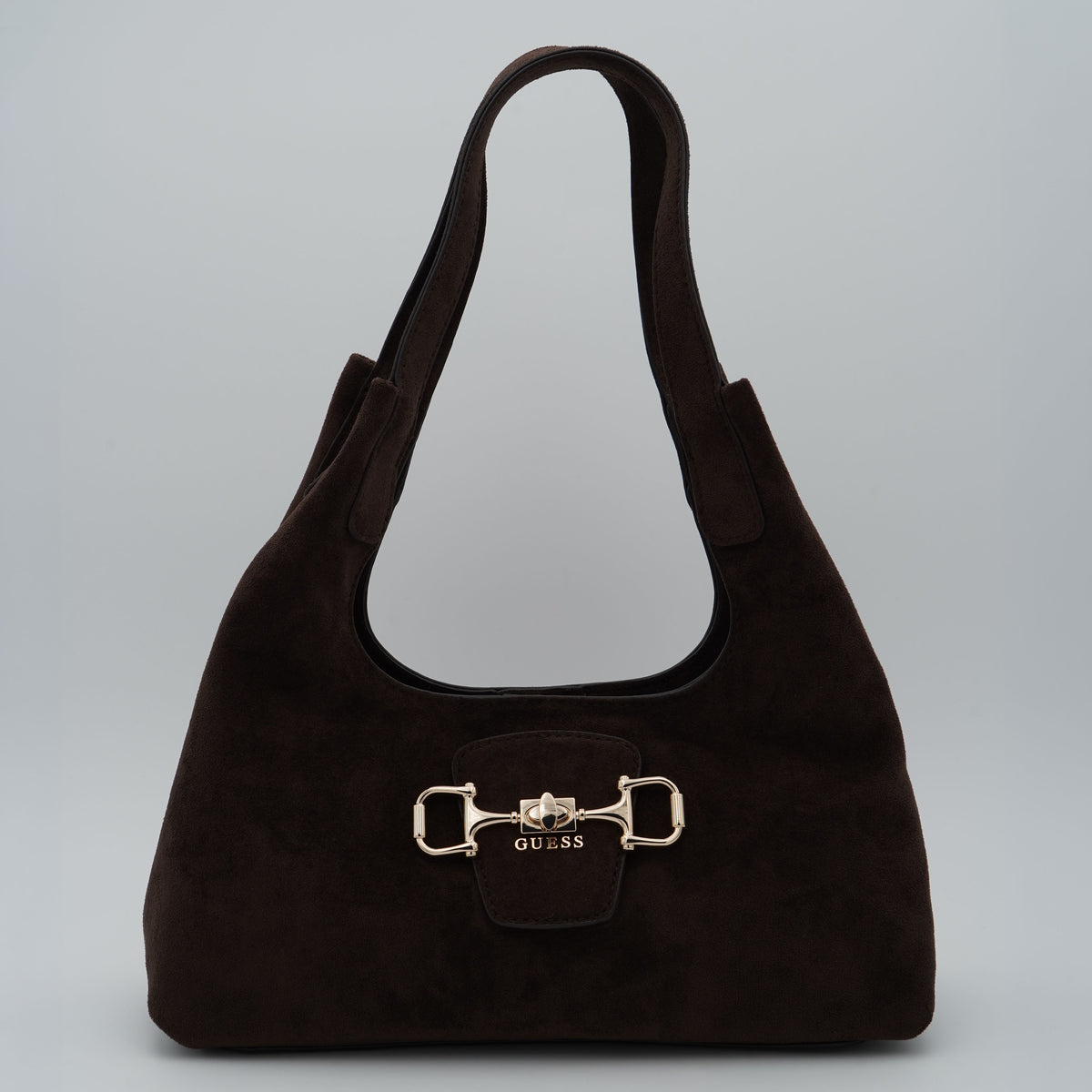 Borsa a Spalla Guess Sunset Small Hobo HWSG2314010 Espresso Marrone Scuro Effetto Camoscio con Dettaglio Dorato