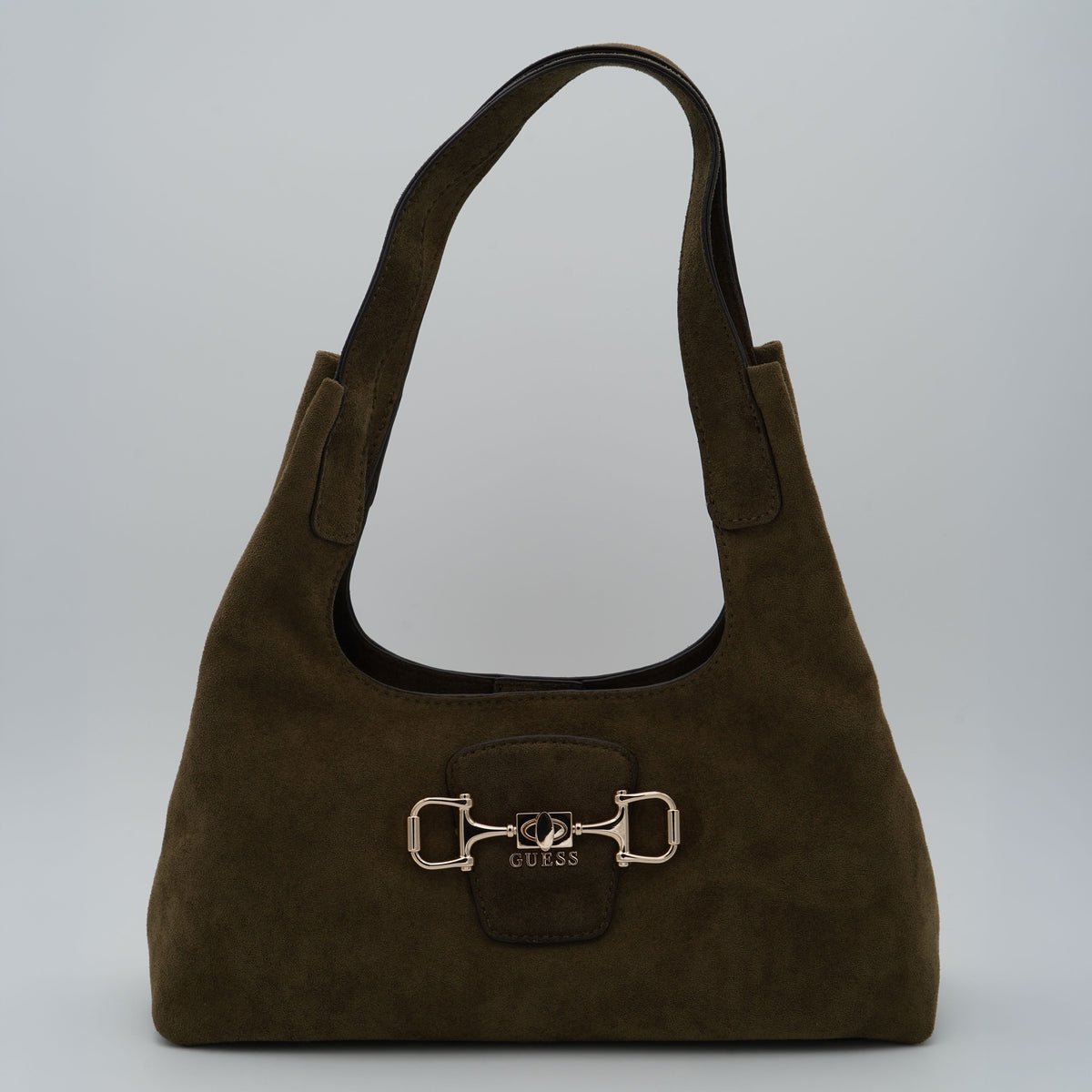 Borsa a Spalla Guess Sunset Small Hobo HWSG2314010 Olive Verde Oliva Effetto Camoscio con Morsetto Dorato