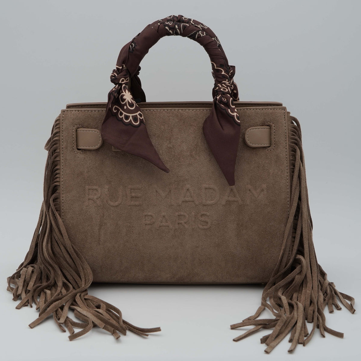 Borsa Rue Madam Paris Canyon Mini Tote Fringes 1586 Suede Grey in Eco Suede con Frange, Twilly Animalier e Tracolla Removibile