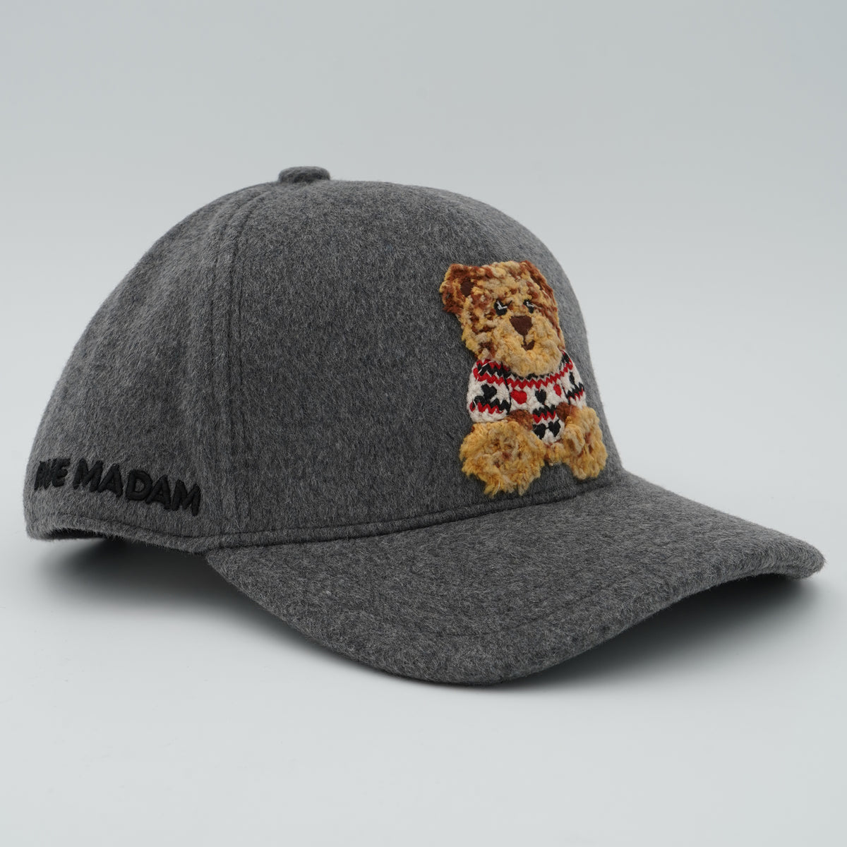 Cappello Rue Madam Paris Marvin Love Cap 1616 Grey Grigio Mélange in Misto Lana con Visiera Curva, Orsetto Ricamato e Logo Laterale