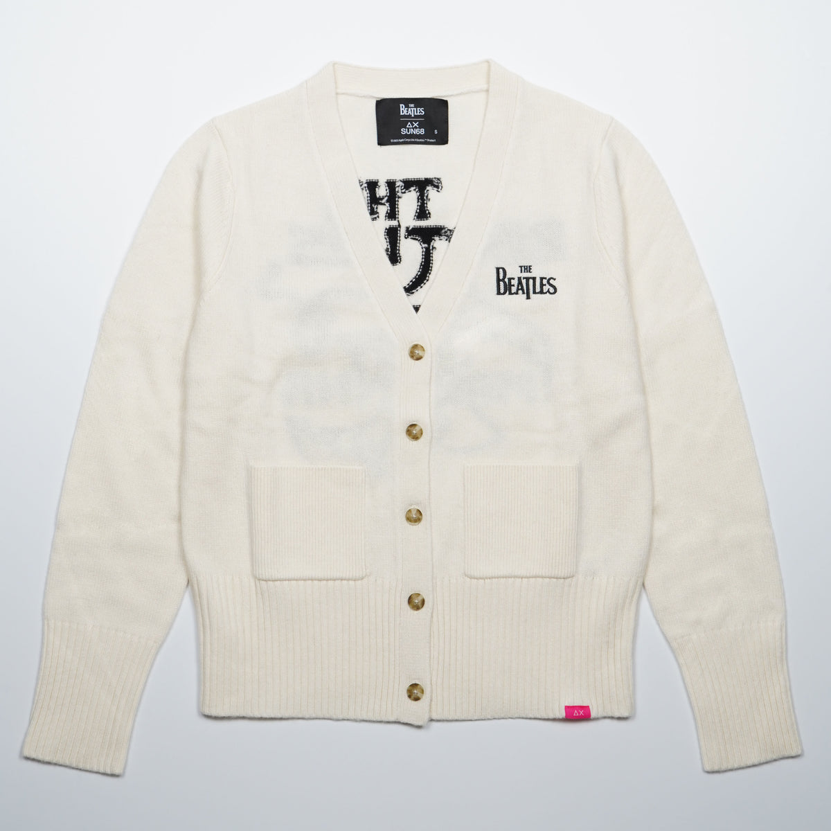 Cardigan SUN68 x The Beatles K46617 Warm Wool Colore 31 Bianco Panna in Misto Lana e Cashmere con Scollo a V, Tasche e Logo Ricamato