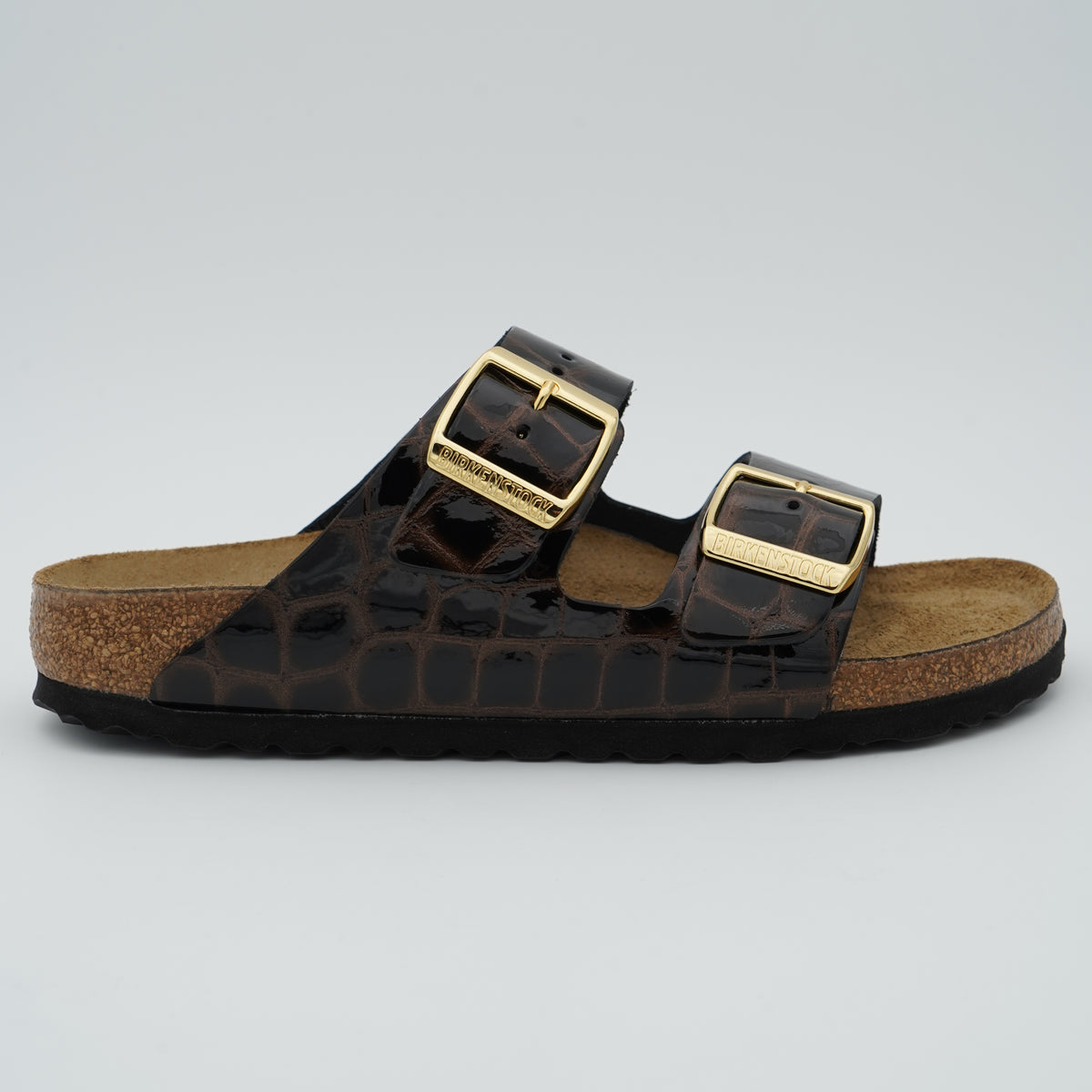 Sandalo Birkenstock Arizona 1032864 Emboss Leather Black in Pelle con Fibbie Gold