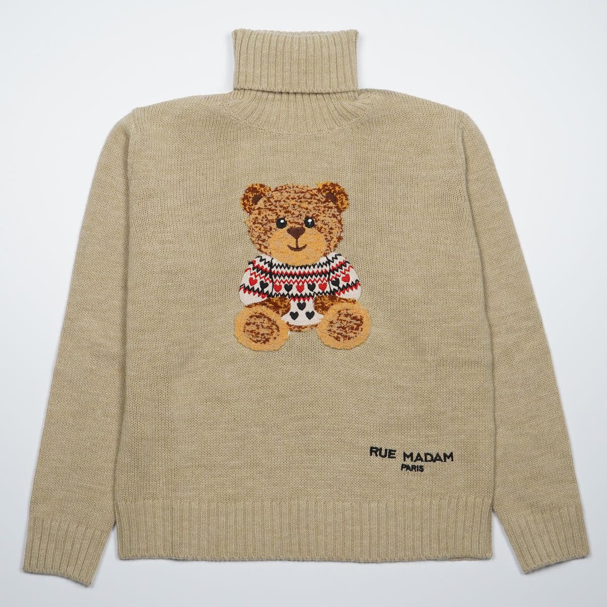 Dolcevita Rue Madam Paris Marvin Love Turtleneck 1613 Beige in Misto Lana con Orsetto Marvin Ricamato e Logo