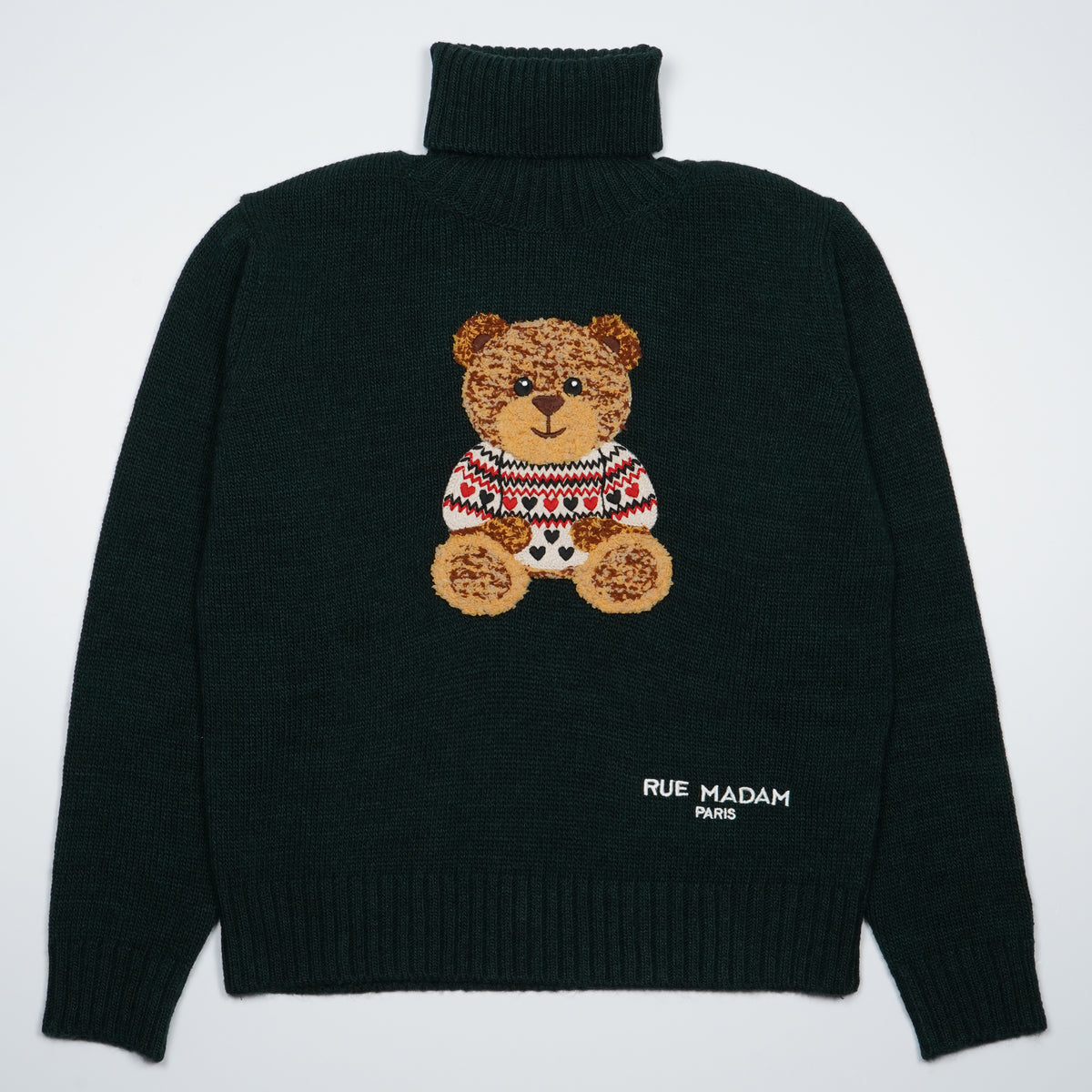 Dolcevita Rue Madam Paris Marvin Love Turtleneck 1613 Verde Scuro in Misto Lana con Orsetto Marvin Ricamato e Logo