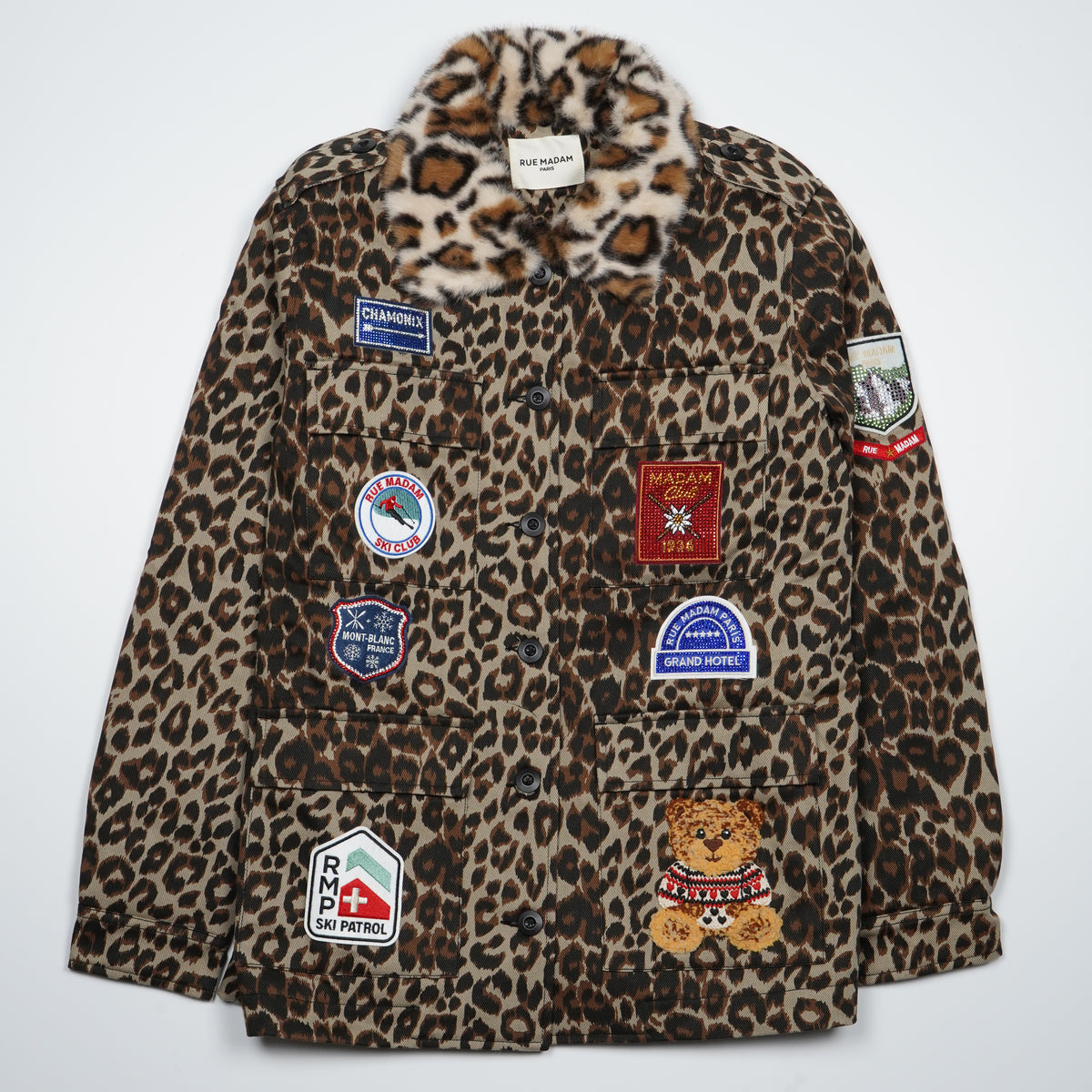 Giacca Rue Madam Paris Safari Winter Jacket 1635 Leopard Animalier in Cotone con Collo Removibile Animalier, Interno in Ecopelliccia e Patch Ricamate