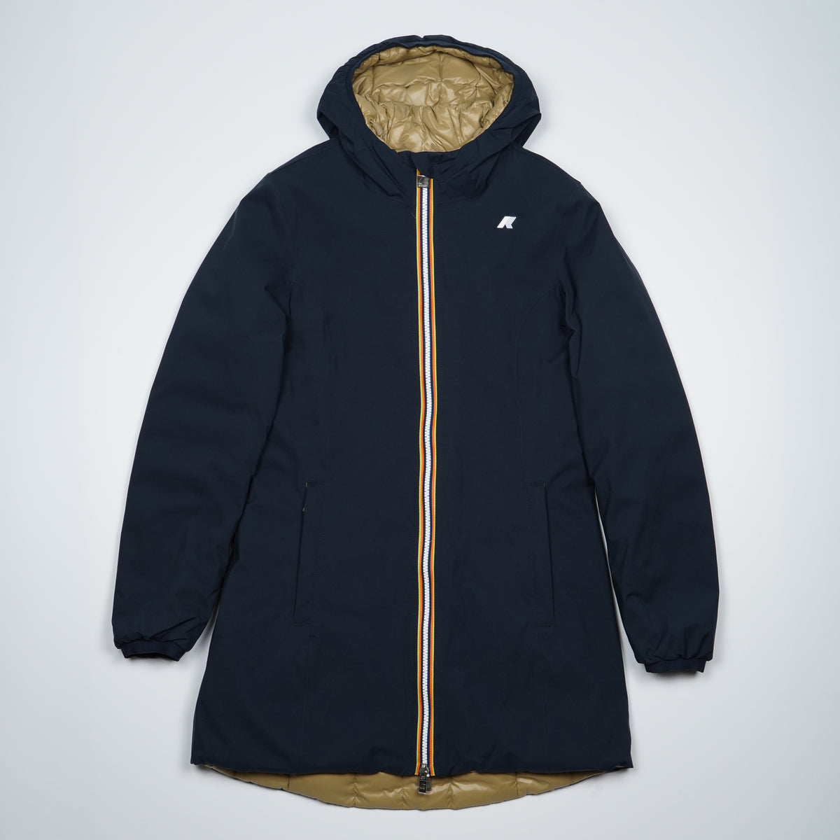Giubbotto K-Way Denise ST Thermo Double K8134CW D0V Blu Navy e Beige Reversibile con Cappuccio e Imbottitura in Piuma Naturale