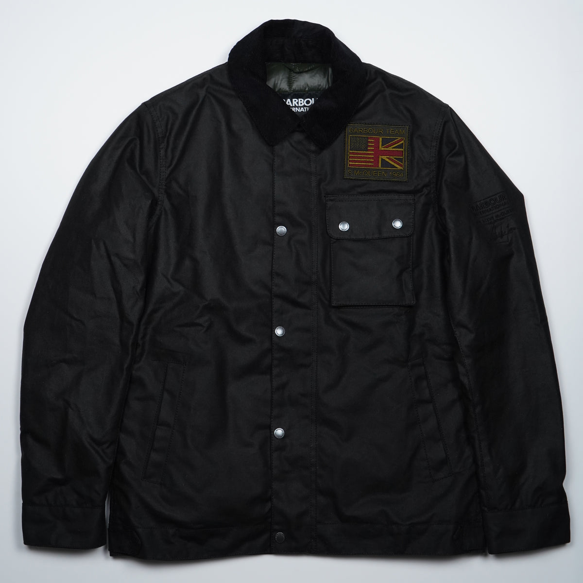 Giubbotto Barbour International Steve McQueen Workers Wax MWX1853 BK51 Classic Black Nero in Cotone Cerato con Colletto in Velluto e Patch Ricamate