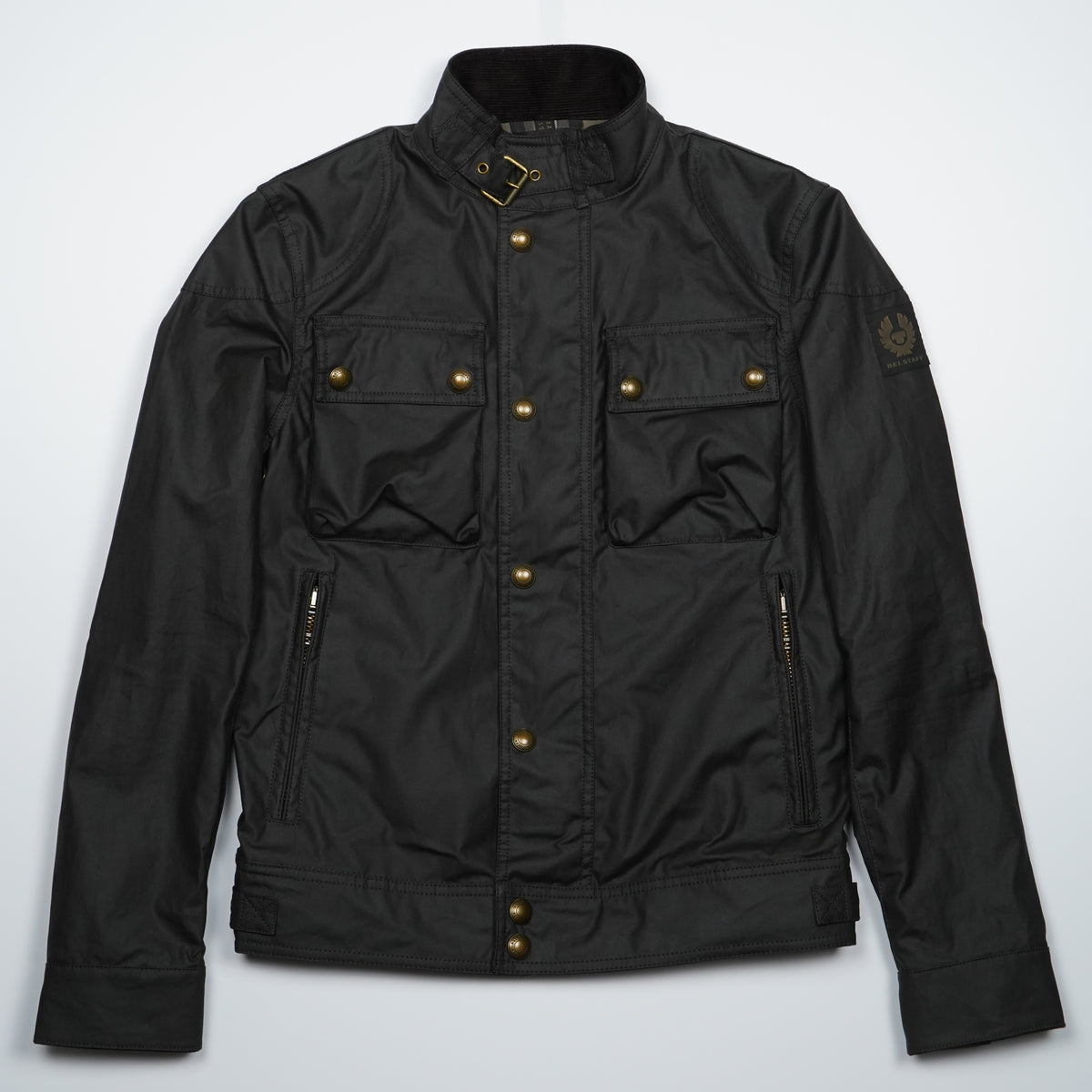 Giubbotto Belstaff Racemaster Icon Jacket 105306 Faded Olive Verde Oliva Scuro in Cotone Cerato con Collo Alto e Quattro Tasche