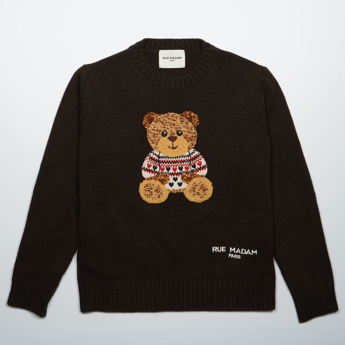 Maglione Rue Madam Paris Marvin Love Jumper 1612 Marrone in Misto Lana con Orsetto Marvin Ricamato e Logo