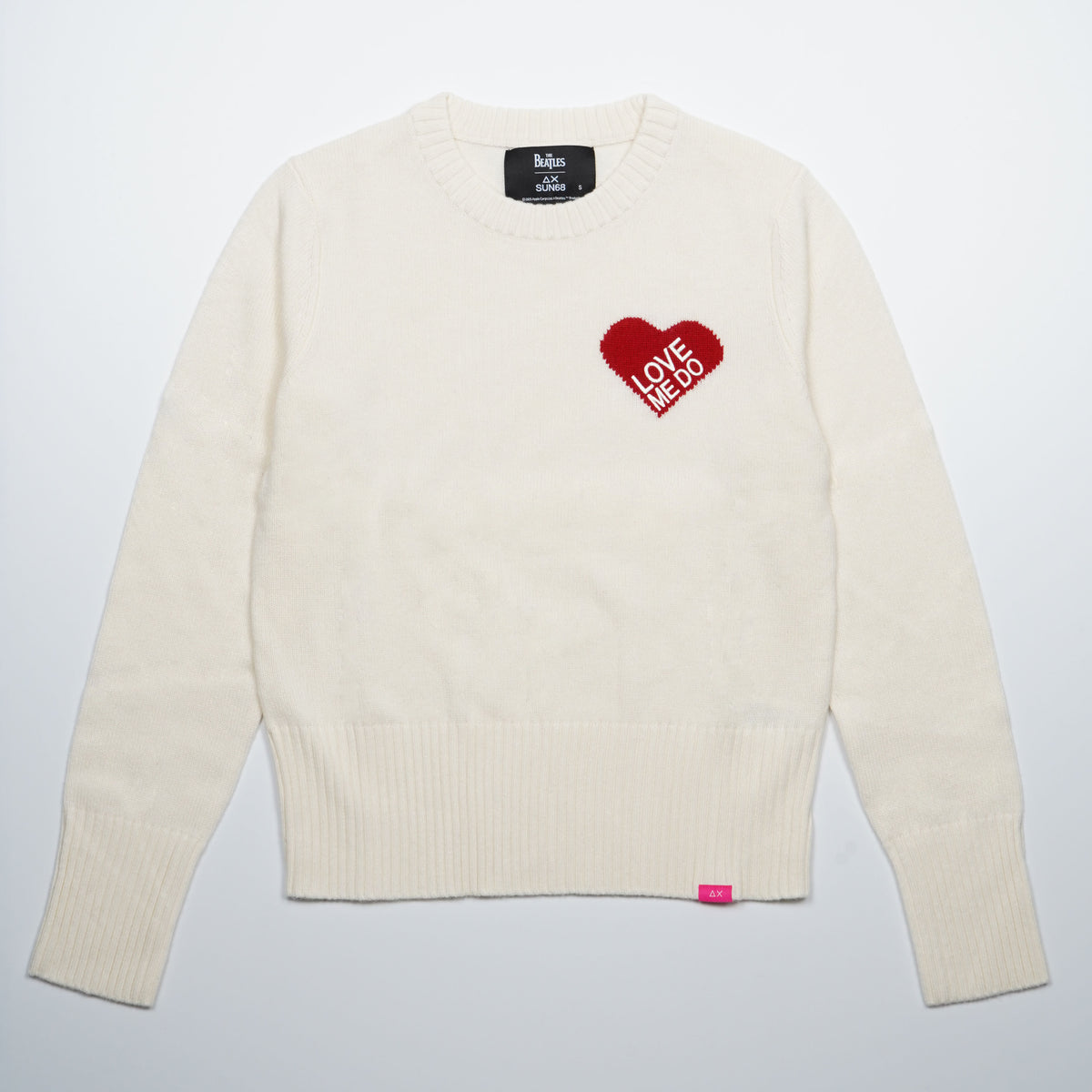 Maglione Girocollo SUN68 x The Beatles K46615 31 Bianco Panna in Lana e Cashmere con Cuore Rosso Love Me Do