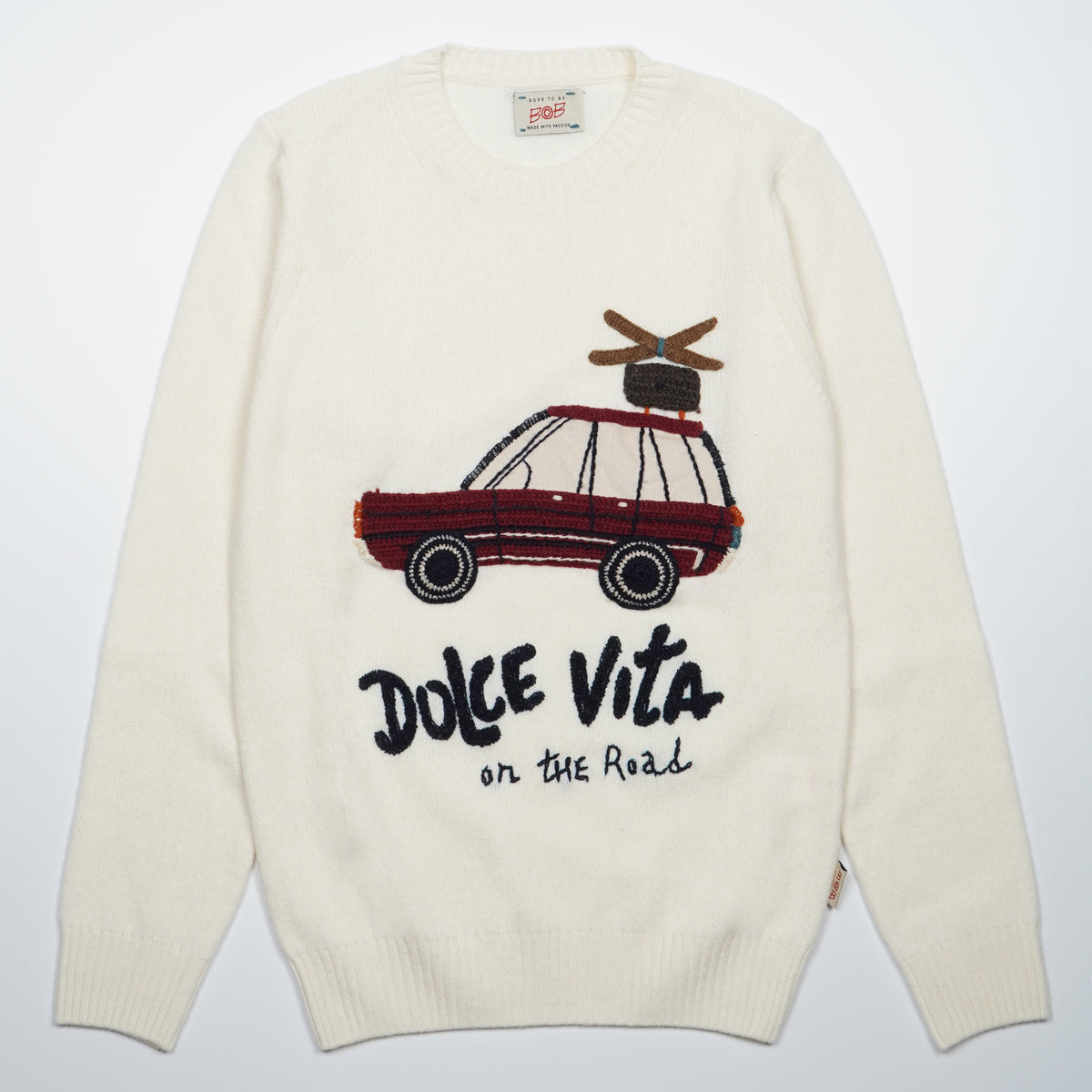 Maglione Girocollo BOB Scott R00638 Latte in Misto Lana con Ricamo Auto "Dolce Vita on the Road"