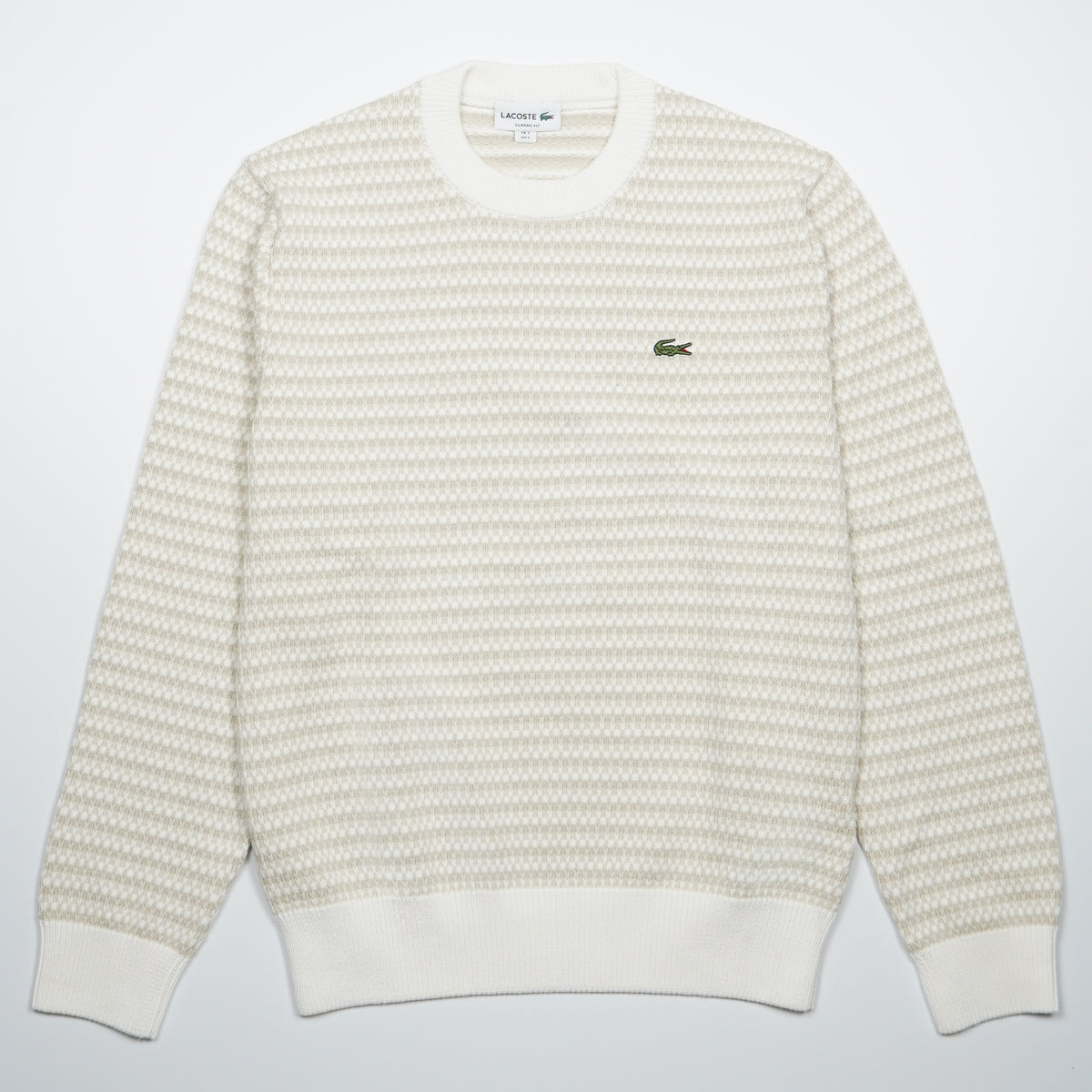 Maglione Girocollo Lacoste AH8569 WL6 Beige e Bianco Panna in Cotone Organico Jacquard a Righe con Coccodrillo Ricamato