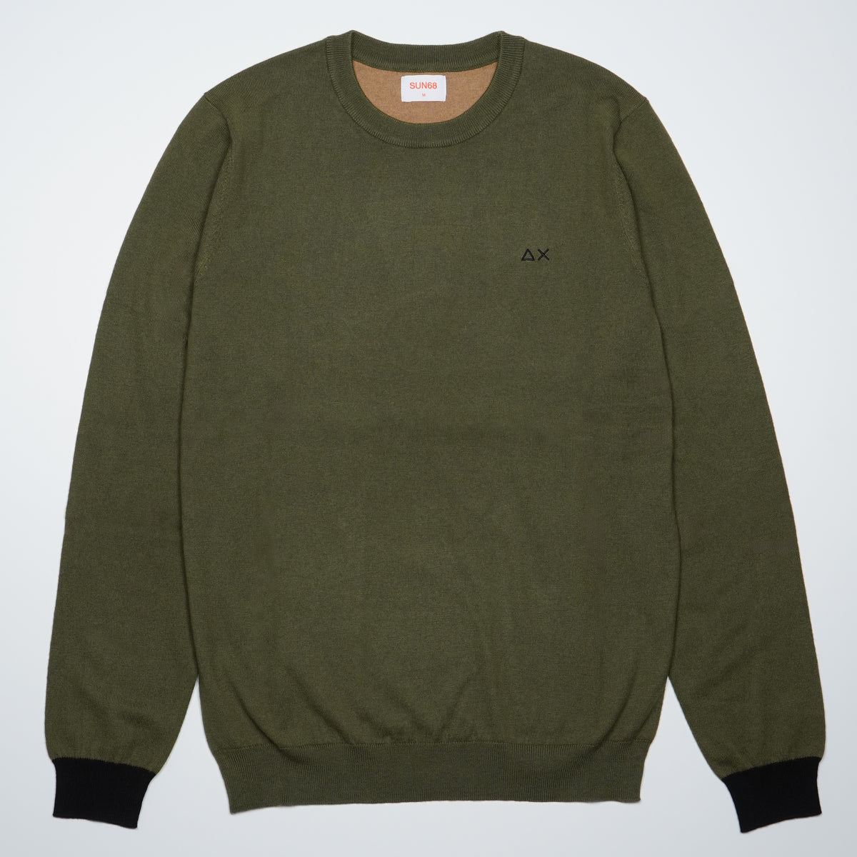 Maglione Girocollo SUN68 Sweater Elbow Contrast K46160-74 Verde Militare Scuro in Lana e Cotone