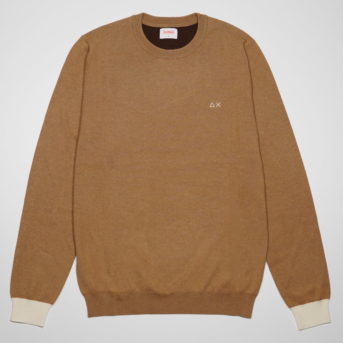 Maglione Girocollo SUN68 Sweater Elbow Contrast K46160-76 Cammello in Lana e Cotone