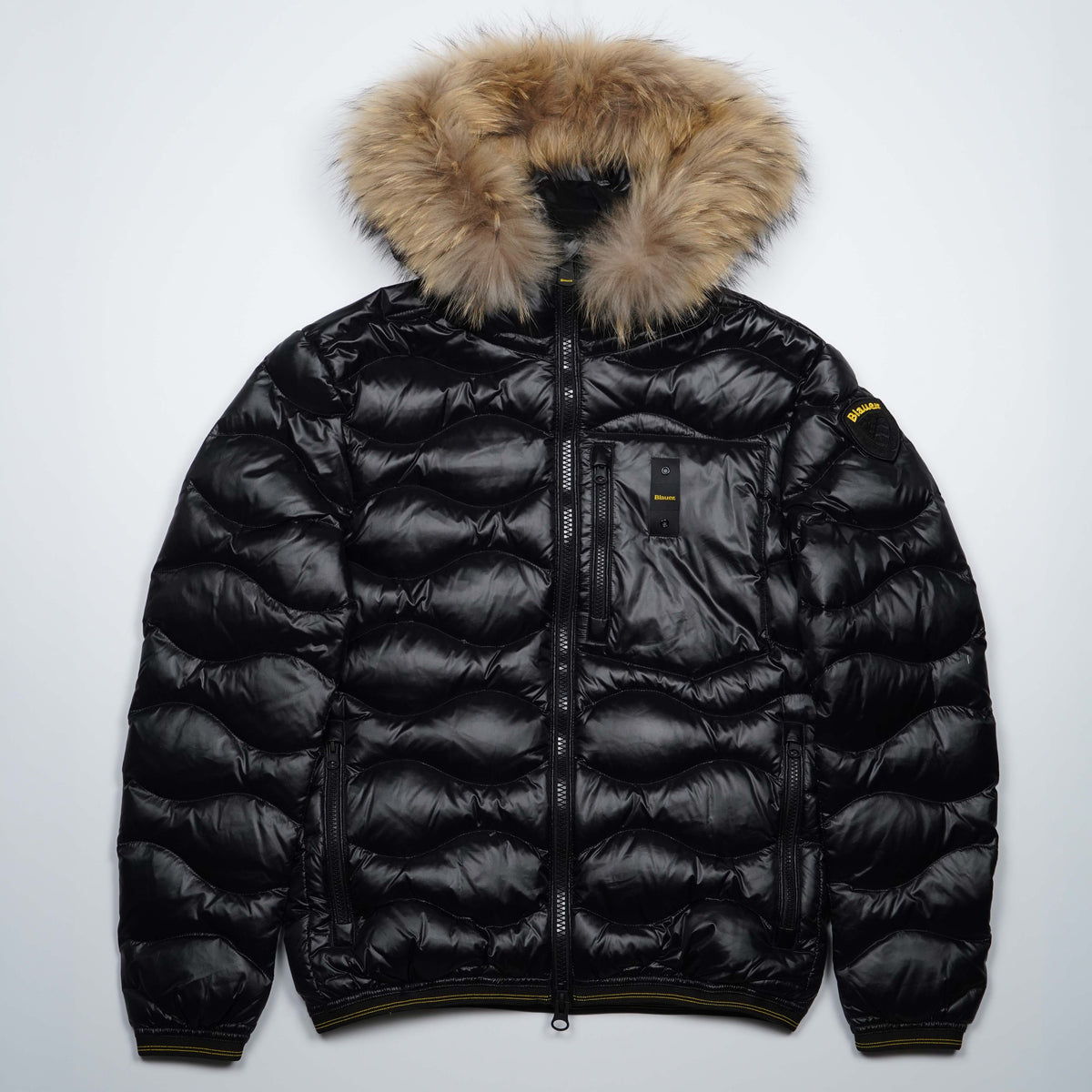 Piumino Blauer Wave Fur Nero Lucido con Cappuccio in Pelliccia Imbottito in Piuma