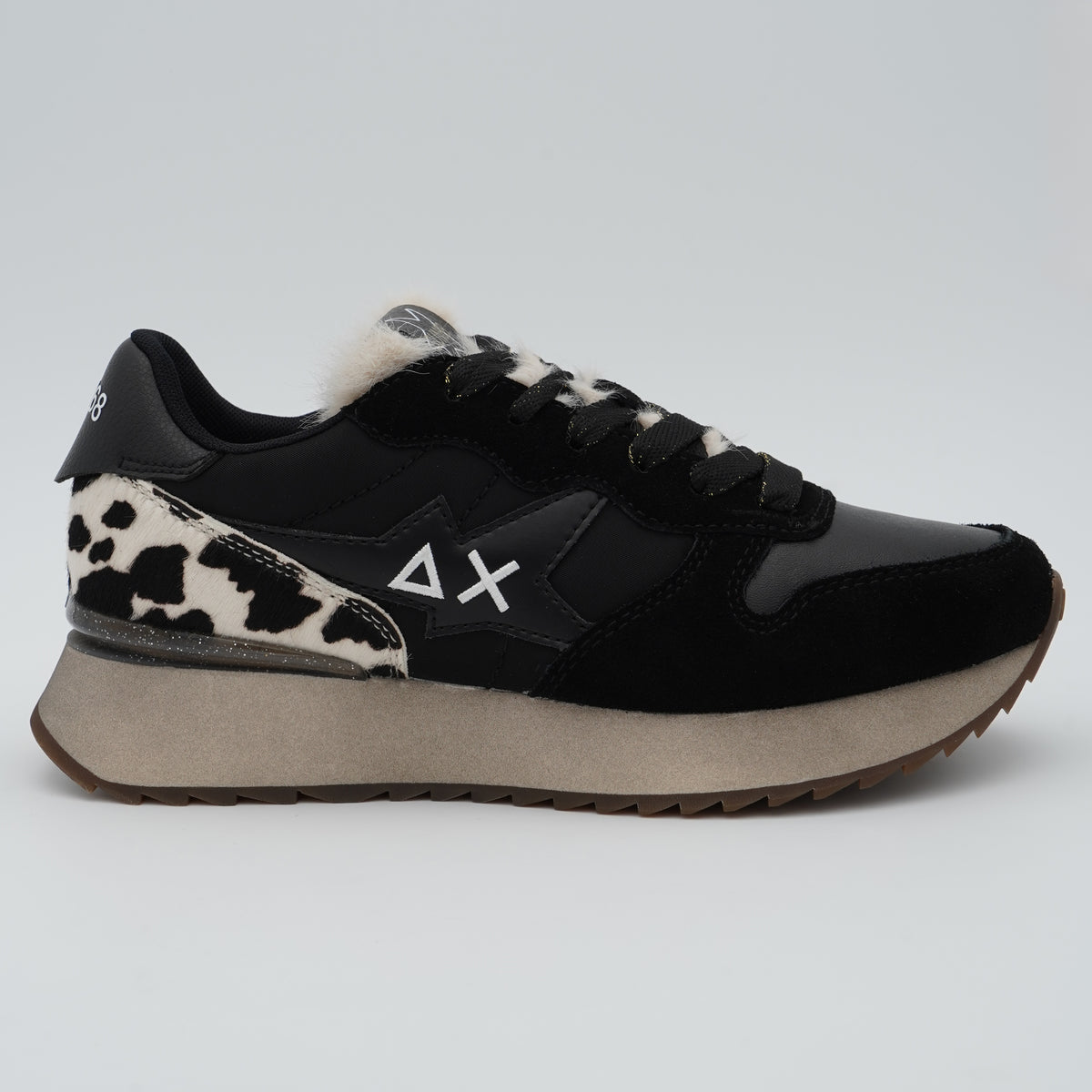 Sneakers SUN68 Stargirl Animalier Z46224 11 Nero in Nylon e Suede con Cavallino Pezzato, Linguetta in Pelliccia Sintetica e Suola EVA