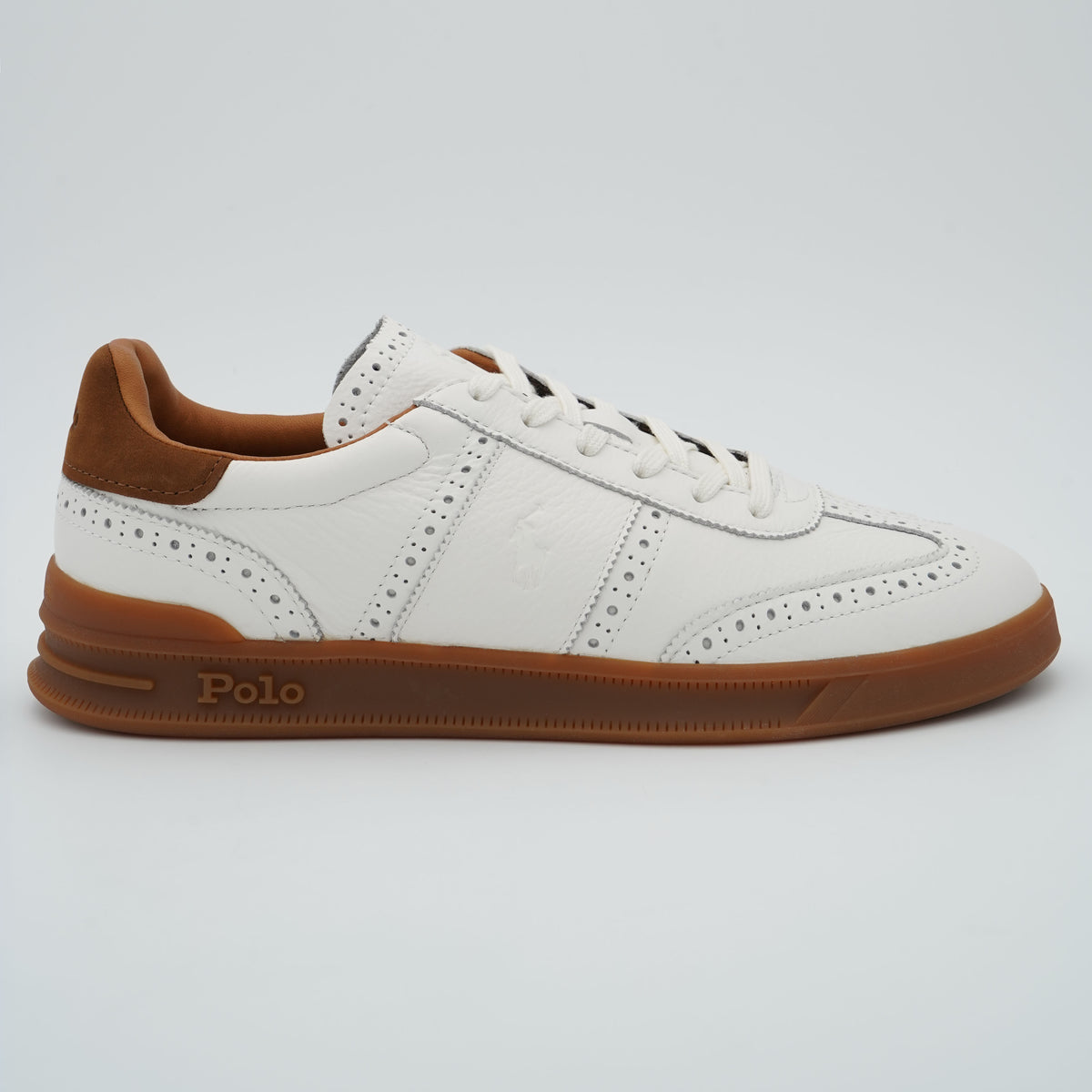 Sneakers Polo Ralph Lauren Heritage Aera Leather Brogue P15727 001 in Pelle Bianca con Dettagli Brogue e Suola Gum