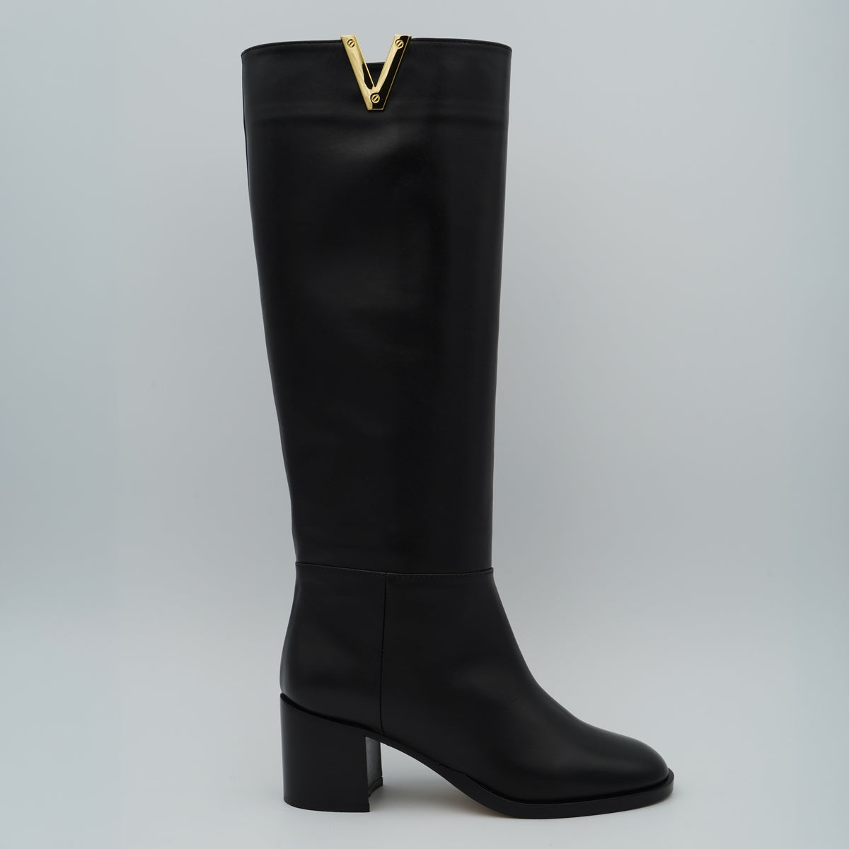 Stivali Alti Via Roma 15 4720 Soft Nero in Pelle con Tacco Largo e Dettaglio V Dorato