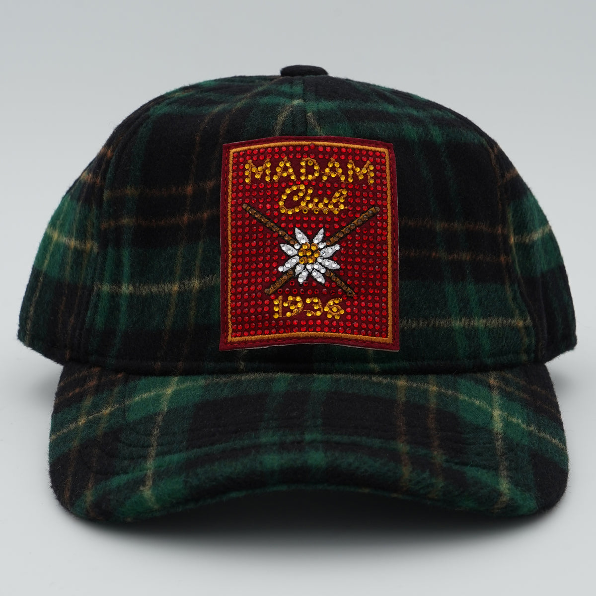 Cappello con Visiera Rue Madam Paris Chamonix Cap 1589 Verde Tartan in Misto Lana con Patch Frontale e Strass