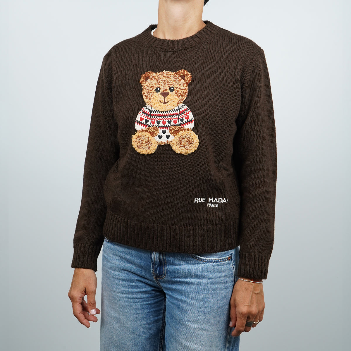 Maglione Rue Madam Paris Marvin Love Jumper 1612 Marrone in Misto Lana con Orsetto Marvin Ricamato e Logo