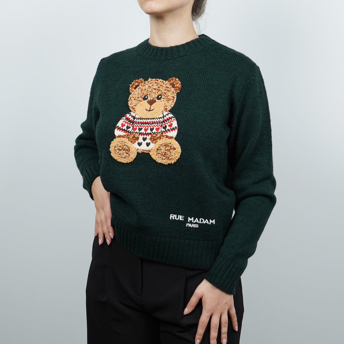 Maglione Rue Madam Paris Marvin Love Jumper 1612 Verde Bosco in Misto Lana con Orsetto Marvin Ricamato e Logo