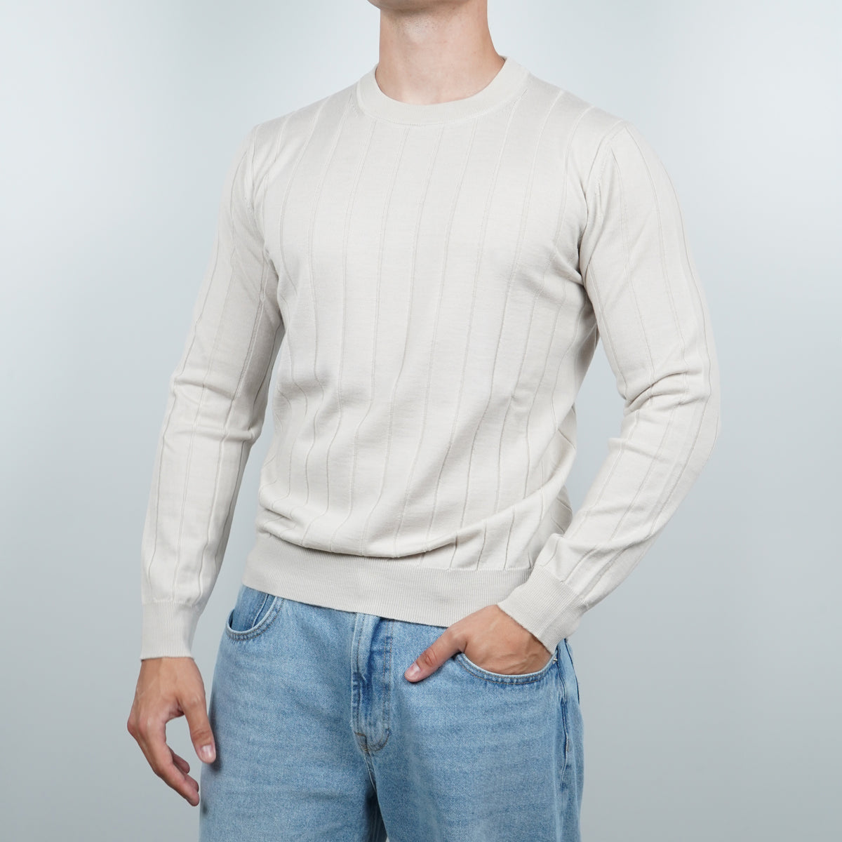 Maglione Girocollo a Coste Kangra W7K4006-00824 Bianco Panna in Lana Merino Extrafine