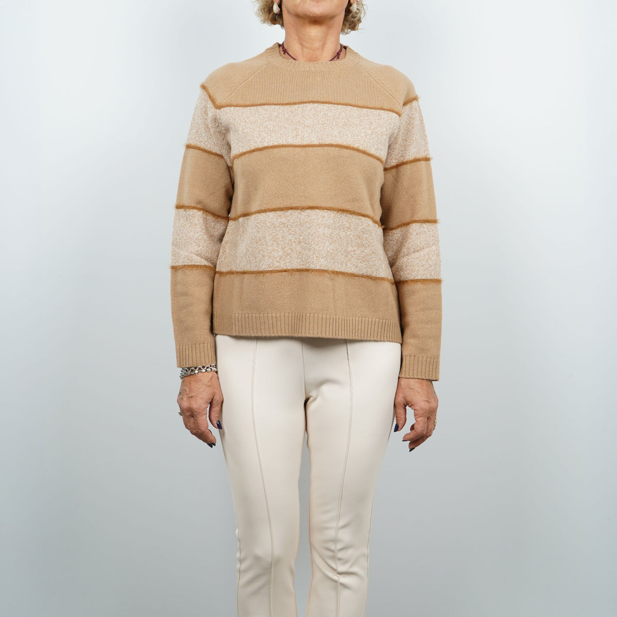 Maglione Girocollo Kangra 4675 a Righe Beige e Cammello