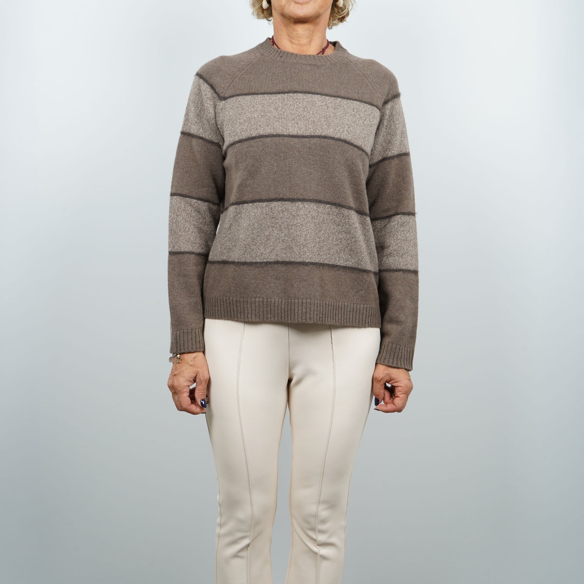 Maglione Girocollo Kangra 4675 a Righe Tortora e Marrone