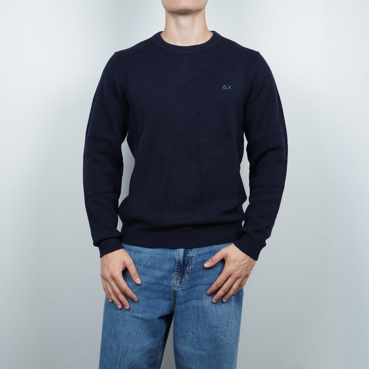Maglione Girocollo SUN68 Rice Knit K46134-07 Navy Blue in Lana e Cotone