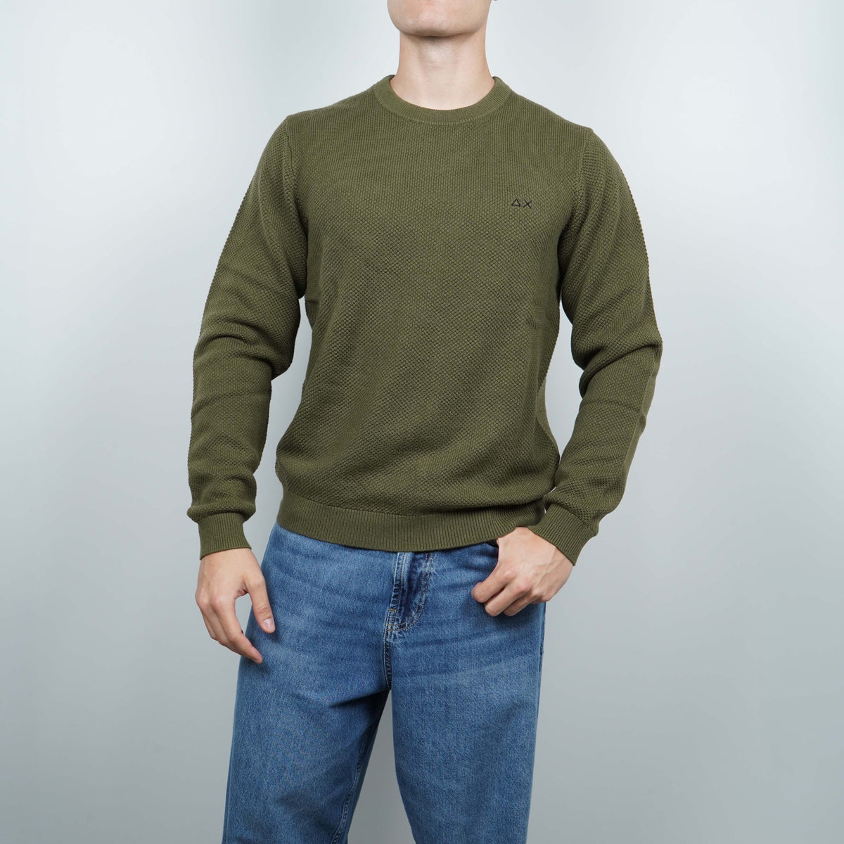 Maglione Girocollo SUN68 Rice Knit K46134-74 Verde Militare Scuro in Lana e Cotone