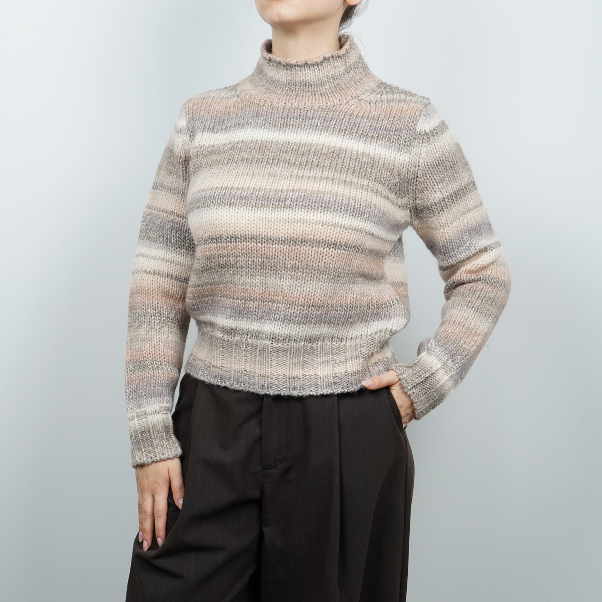 Maglione Lupetto Rasato Kangra 4800-00479 Multicolor Rosa Cipria e Grigio con Righe Luminose