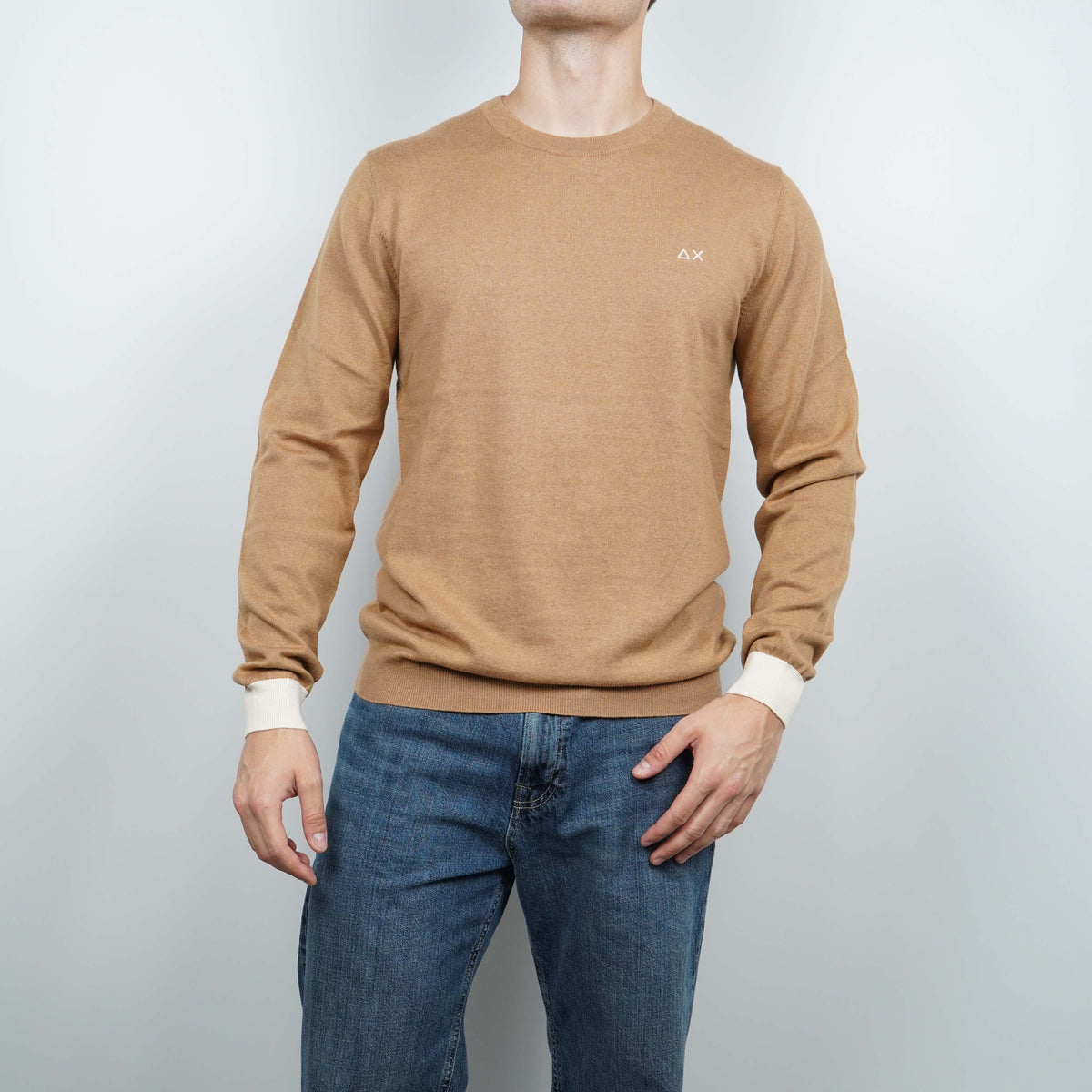 Maglione Girocollo SUN68 Sweater Elbow Contrast K46160-76 Cammello in Lana e Cotone