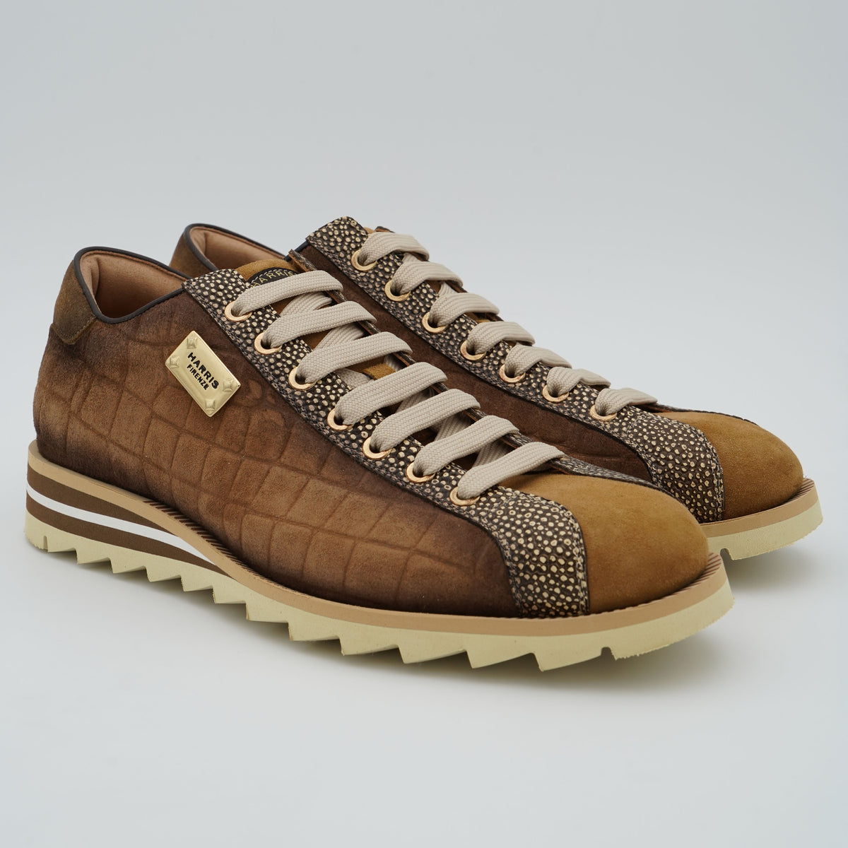 Sneakers Harris 2892 Velour Bolgheri 1045 Marrone in Pelle e Camoscio con Stampa Cocco, Dettagli Oro e Suola Carrarmato