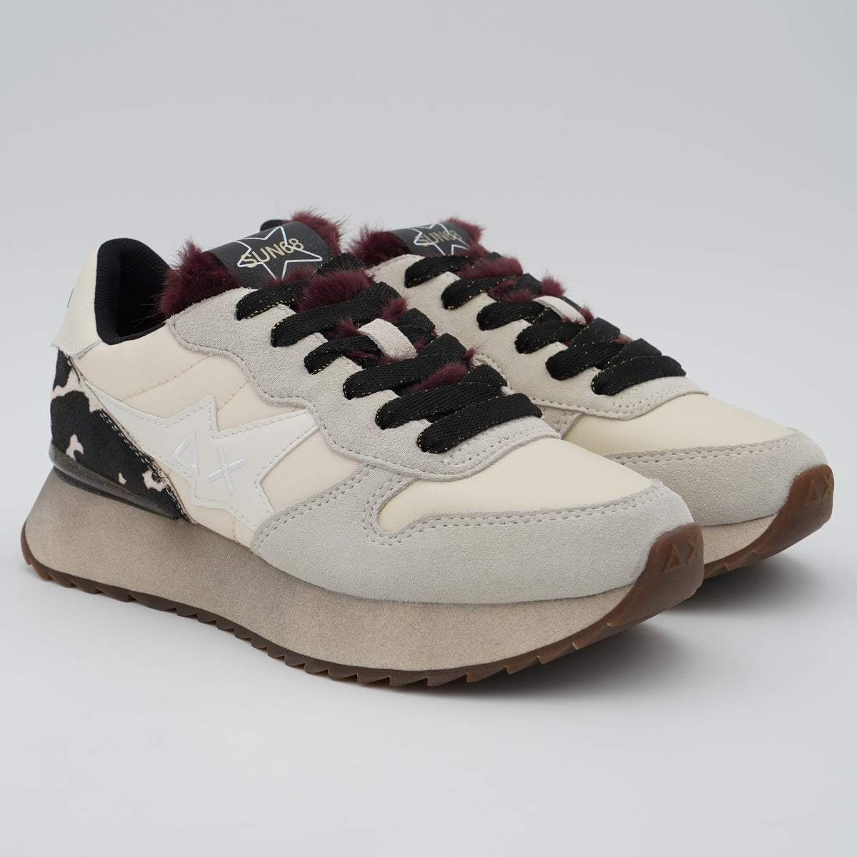Sneakers SUN68 Stargirl Animalier Z46224 31 Bianco Panna in Nylon e Suede con Cavallino Pezzato, Linguetta in Pelliccia Sintetica e Suola EVA