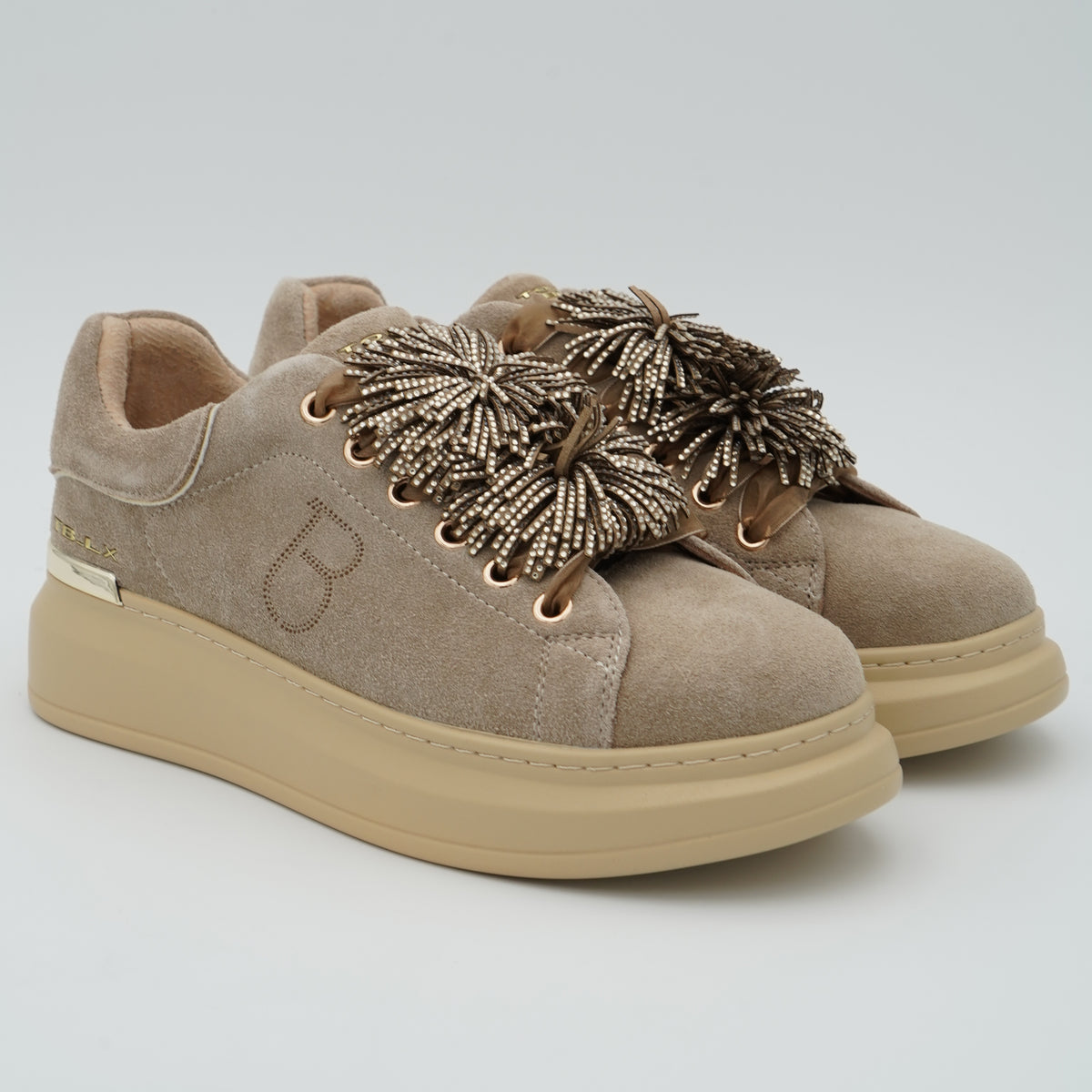 Sneakers Tosca Blu City Luxe SF2602S028 C05 Beige in Microfibra con Micro Strass, Pompon Gioiello e Suola Platform
