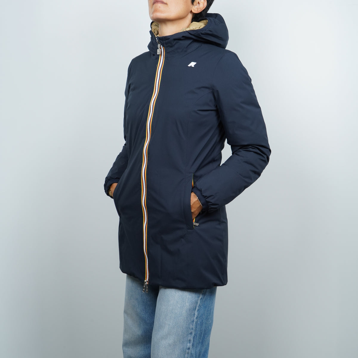 Giubbotto K-Way Denise ST Thermo Double K8134CW D0V Blu Navy e Beige Reversibile con Cappuccio e Imbottitura in Piuma Naturale