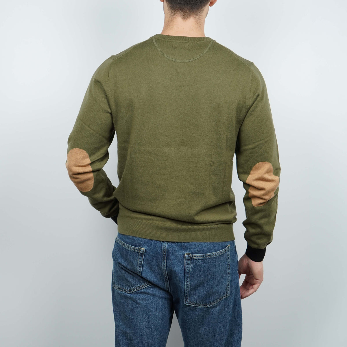 Maglione Girocollo SUN68 Sweater Elbow Contrast K46160-74 Verde Militare Scuro in Lana e Cotone