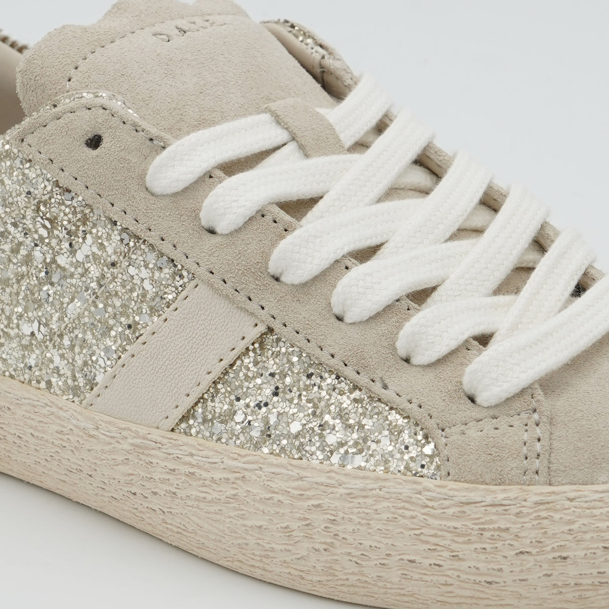 Sneakers D.A.T.E. Hill Low Glitter W451HLGLPL Platinum in Pelle Glitterata Platino e Camoscio Beige