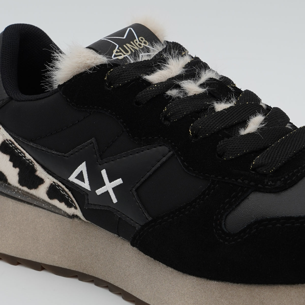 Sneakers SUN68 Stargirl Animalier Z46224 11 Nero in Nylon e Suede con Cavallino Pezzato, Linguetta in Pelliccia Sintetica e Suola EVA