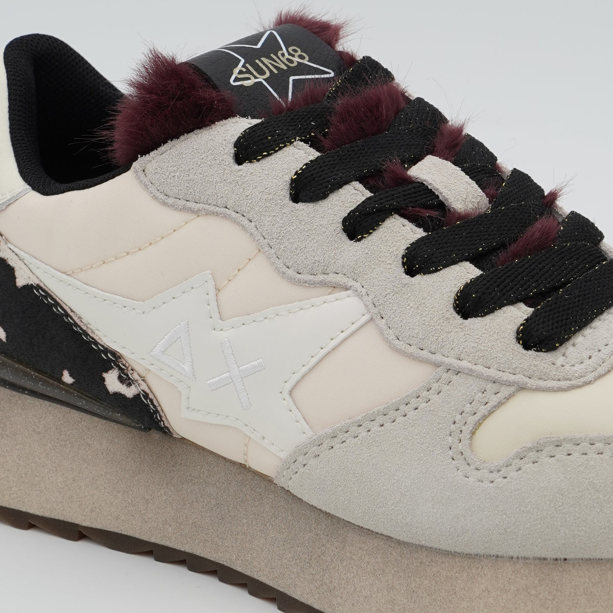 Sneakers SUN68 Stargirl Animalier Z46224 31 Bianco Panna in Nylon e Suede con Cavallino Pezzato, Linguetta in Pelliccia Sintetica e Suola EVA