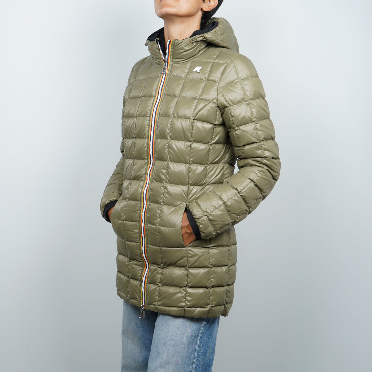 Giubbotto K-Way Denise ST Thermo Double K8134CW DBZ Nero e Verde Militare Reversibile con Cappuccio e Imbottitura in Piuma Naturale