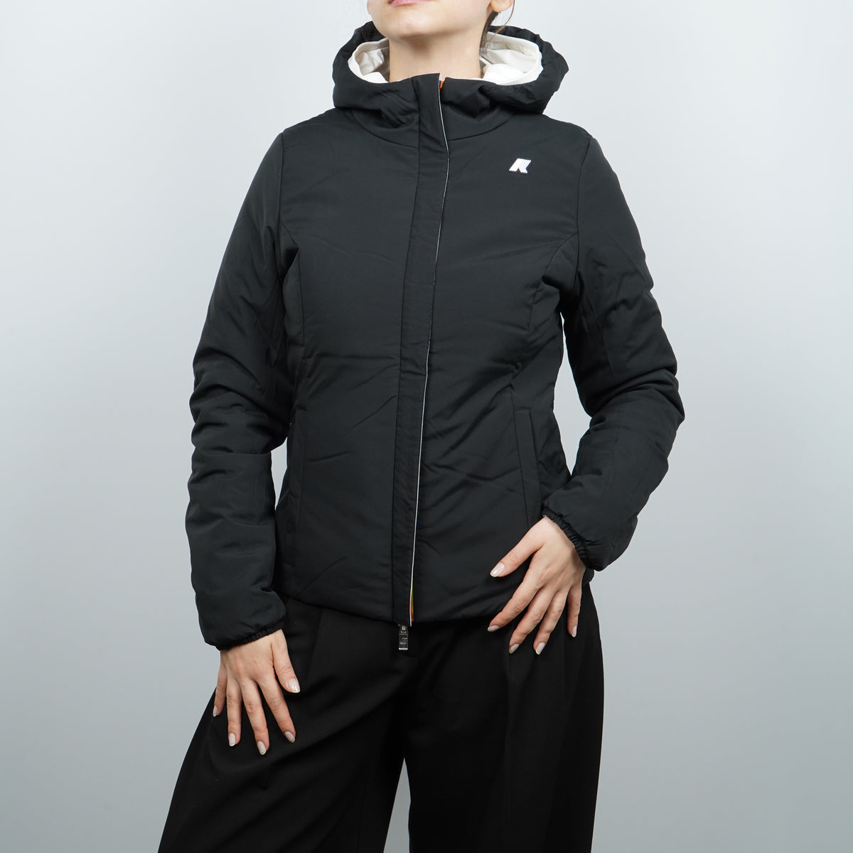 Giubbotto K-Way Lily ST Warm Double K6128TW DBP Bianco Naturale e Nero Reversibile con Cappuccio e Imbottitura Sintetica