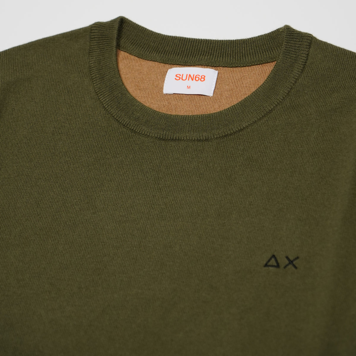 Maglione Girocollo SUN68 Sweater Elbow Contrast K46160-74 Verde Militare Scuro in Lana e Cotone