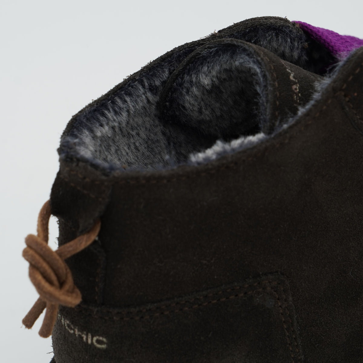 Polacchino Panchic P001 Icon P001W036 D007 in Camoscio Marrone Scuro con Fodera Faux Fur, Lacci Viola e Suola EVA